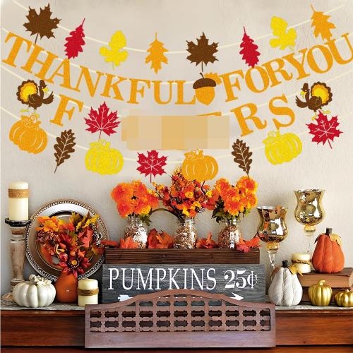 Pre-Strung Friendsgiving Banner - Thankful For You F Banner with Gold Glitter for Friendsgiving Party Decorations No DIY