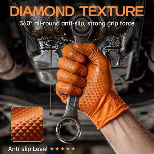 HEAVY DUTY 8 Mil Orange Nitrile Gloves, Diamond Textured Disposable Industrial Mechanic Rubber Gloves 1000PCs