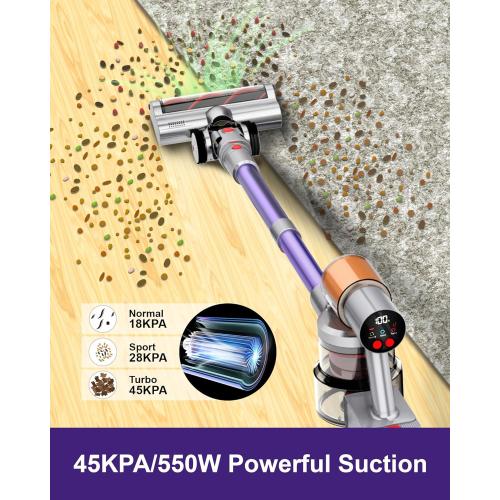 Cordless Vacuum Cleaner with 45Kpa 550W, 60 Mins Runtime Stick Vac with Anti-Tangle Design, Self-Standing, LED Screen, Lightweight Vacuum Cleaners for Home, Pet Hair, Carpet and Hardwood Floor