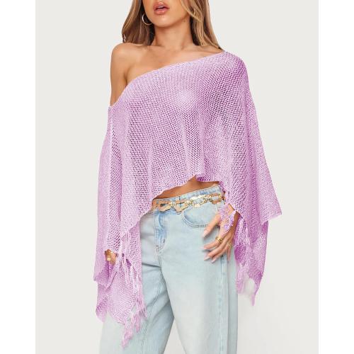 Womens Summer One Shoulder Knit Sheer Poncho Trendy Lightweight Boat Neck Fringe Pullover Sweaters