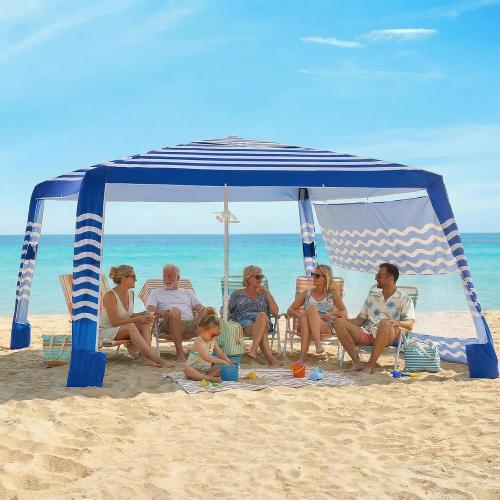 Zeraty Beach Cabana 8'×8', Portable Beach Canopy with Side Wall, UPF 50  Silver-Coated Beach Tent Sun Shelter, Wind Resistant Adjustable Altitude Beach Umbrella Tent for Family, Navy Blue