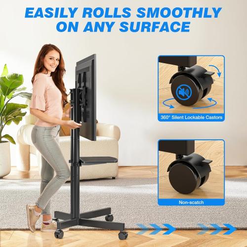 Rfiver Rolling TV Stand with Laptop Shelf, Mobile TV Stand with Upgraded Wheels for 32-75 Inch TVs, Height Adjustable Mobile TV Cart up to 88lbs, Portable TV Mount Stand for Outdoor, Home, Office
