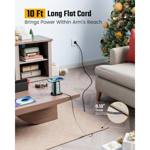 Power Strip Tower Wireless Charger, SUPERDANNY Surge Protector Tower, 10A 1080J Charger Station with 9 Outlets & 4 USB Ports, Extension Cord 10ft for Laptop Phone Black and Blue