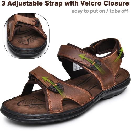 ArcBrothers Men's Premium Leather Sandals - Classic Roman Style Open Toe Sandals - Cushioned Heel, Non-Slip & Sturdy Support