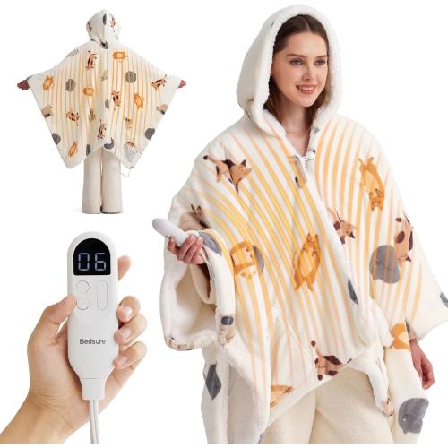 Bedsure Heated Blanket Wearable Shawl - Electric Wrap Poncho Blanket Hoodie for Adult, Winter Gifts for Mom Women Girlfriend, Warm Sherpa Heating Throw, Auto Shut Off, 55x64 inches, Printed Cat