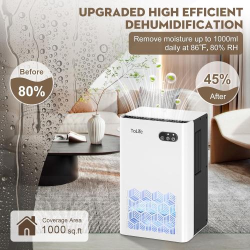 ToLife Dehumidifier for Home, 1000 sq.ft Dehumidifiers for Basement Bedroom Bathroom with 95 OZ Water Tank, Auto Shut Off 7 Colors LED Light, White Black