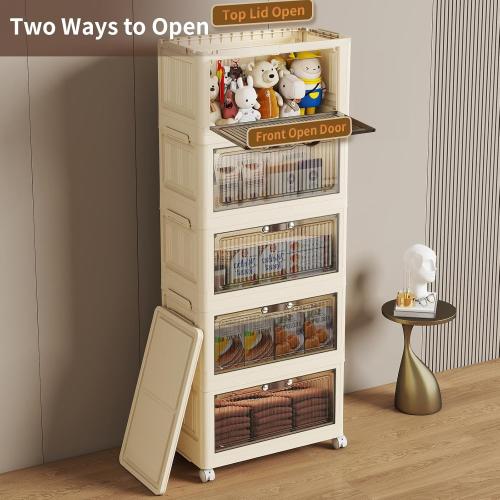 WHITE 5 Tier - 48QT Storage Bins with Lids, Collapsible Storage Bins with Doors and Wheels, Plastic Storage Cabinet for Easy Storage and Organization for Living Room, Office