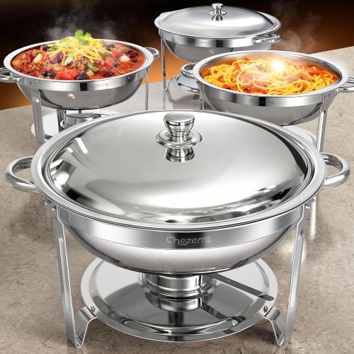 Chafing Dishes for Buffet, 4 Pack 5QT Round Stainless Steel Chafing Dish Set with Lid Holder for Home Parties, Christmas Gatherings, Catering Events, Complete Buffet Warmer Set - Silver