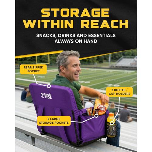 BRAWNTIDE Stadium Seat for Bleachers with Back Support - Wide Padded Reclining Bleacher Seat, Portable Folding Stadium Chair with Armrests, Hooks, Straps, Cup Holders & Pockets (Purple, 21)