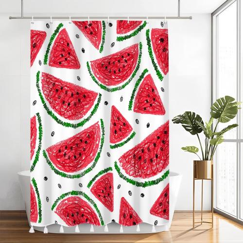 AOFOTO Watermelon Pattern Printed Shower Curtain with White Tassel Cartoon Red Watermelon Summer Theme Shower Curtains for Bathroom Waterproof Fabric Bath Curtain Kid's Bedroom Decoration 47x70 Inches