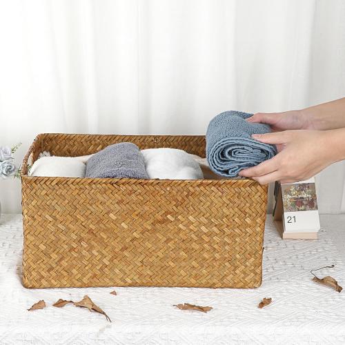 Hipiwe Seagrass Storage Baskets Bin for Shelf,  Handwoven Wicker Baskets Built-in Handles Rectangular Closet Bedroom Organizer Box Multipurpose Pantry Basket,Caramel Color