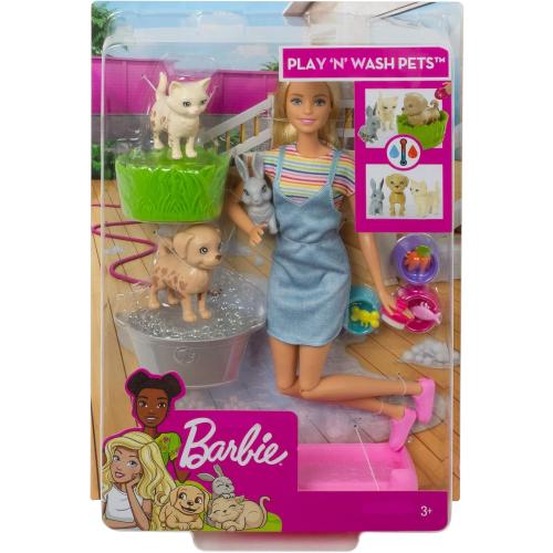 Barbie Play 'n Wash Pets Playset with 3 Color-Change Animals & 10 Toy Accessories, Blonde Fashion Doll with Blue Eyes