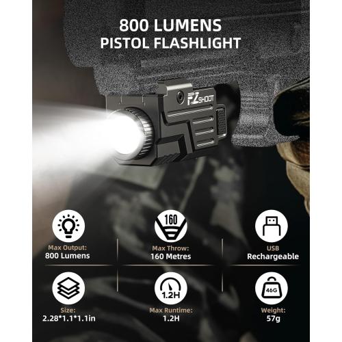 EZshoot 800 Lumens Pistol Flashlight Compatible with Picatinny and GL Rails, Compact Pistol Light with Slide Rail, Rechargeable Gun Light with Strobe Mode for Home Defense and Hunting