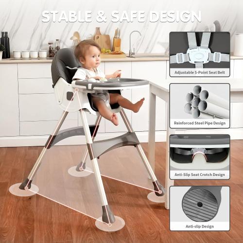 White & Grey Baby High Chair, 6 in 1 Convertible High Chairs for Babies and Toddlers with 5-Point Safety Harness,Foldable High Chair for Space-Saving, Adjustable Dining Tray,Backrest & Height,Easy to Clean Surface