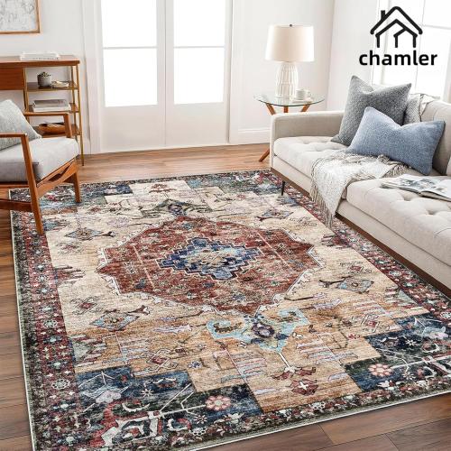 Size 9x12 Color White Washable Area Rug Boho Chic Medallion Distressed Design Non-Shedding Easy Care Ideal for High Traffic Areas in Rugs for Living Room Bedroom Office Coffee Table Large Carpet