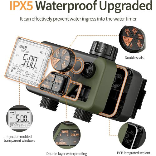 Diivoo Sprinkler Timer 2 Zone, Programmable Water Hose Timer 2 Outlet for Garden, Outdoor Automatic Irrigation System IPX5 Waterproof with Rain Delay/Manual for Lawn, Yard, Pool