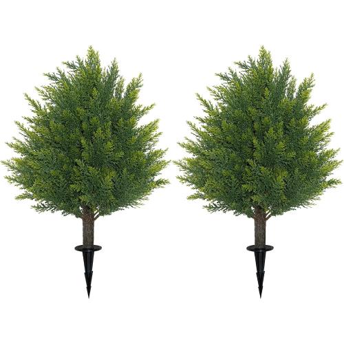 21'' Artificial Cedar Topiary Ball Trees with Ground Spike, 2 Pack Artificial Shrubs, UV Resistant Fake Plant Brush for Indoor Outdoor Front Porch Garden