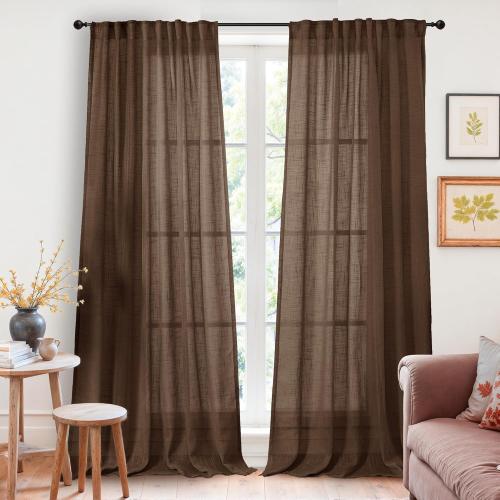 YoungsTex Brown Linen Curtains 84 Inch Length for Living Room - Chocolate Light Filtering Drapes Semi Sheer with Rod Pocket Back Tab for Bedroom, 2 Panels, 52 X 84 Inch