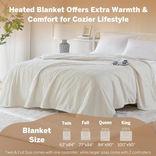 Serta Heated Blanket, Eletric King Size Blanket, Soft, Warm, Fuzzy Heating Blanket King for Office, Couch, 1-12 hr Auto Shut Off Timer, 10 Lv Heat Setting, ETL Certified, King 100 x 90 Ivory