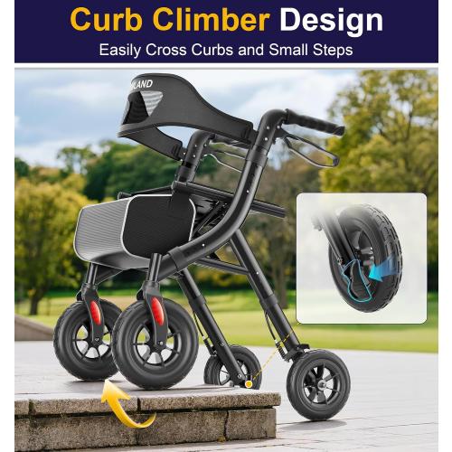 HOMLAND Foldable Rollator Walker for Seniors with Seat, Black | 10 All-Terrain Wheels, Curb Climber, 16.4 lb Lightweight, Lockable Brakes, 300 lbs Capacity