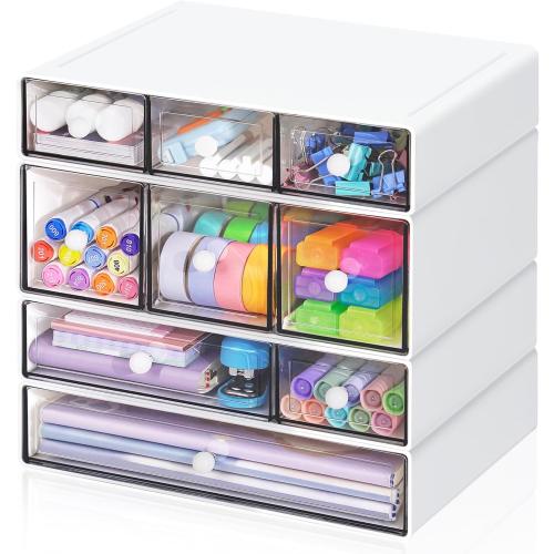 Desk Storage Organizer with 9 Drawers, 4 Tiers Stackable Desktop Craft Storage Drawers, Clear Storage Box Caddy for Stationary Makeup Jewelry Office Craft Supplies (White)