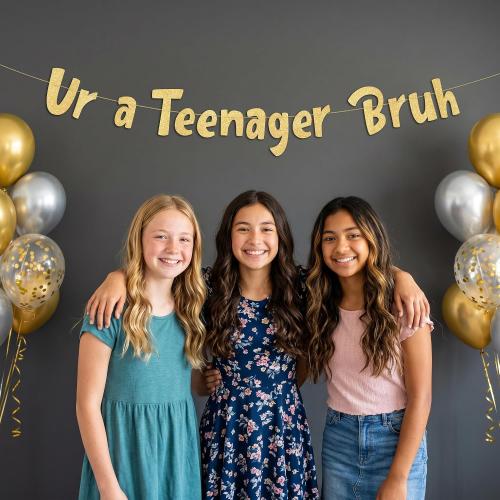 Sterling James Co. Pre-Strung Ur a Teenager Bruh Gold Glitter Banner - Funny 13th Birthday Decorations for Teen Boys and Girls - Birthday Party Supplies and Gifts