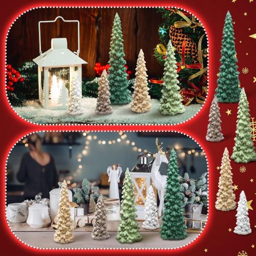 5 Pcs Sage Green Christmas Tree Figurines 11''/ 8.6''/ 7''/4.7'' Glittered Christmas Trees Resin Stone Xmas Holiday Figurines Xmas Desk Decor Centerpieces for Tabletop Decorations