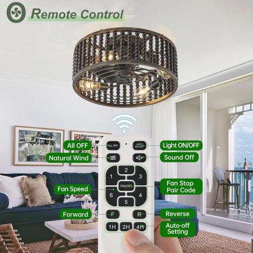 Ceiling Fans with Lights and Remote - Bulbs Included, Caged Fandelier with Handcrafted Beaded Décor 19 inches Reversible Flush Mount Installation Ceiling Fan, Gloss Black