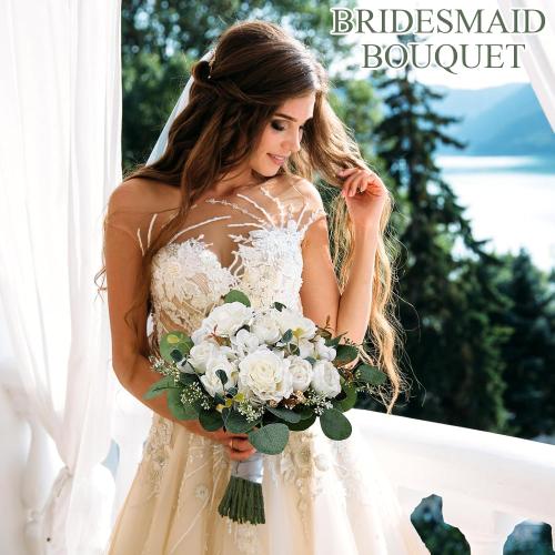 Peony Artificial Flowers, Faux Peonies Hydrangea Eucalyptus Bouquet 12 Packs Silk Vintage Realistic Peony Floral Arrangement for Wedding Centerpiece Table Vase Home Party Decor-Ivory White