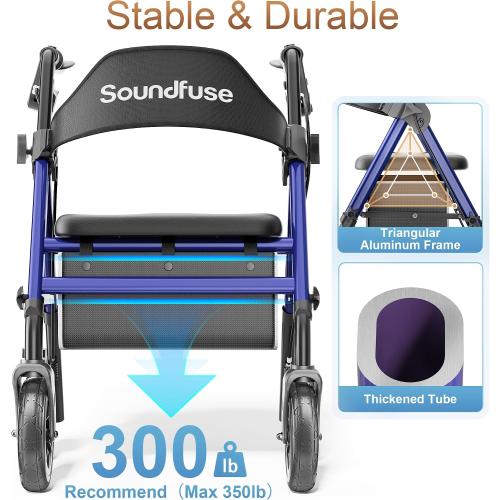 SOUNDFUSE Rollator Walkers for Seniors with Seat, Foldable Lightweight Rolling Walker with 8 Big PU Wheels, Ergonomic Seat, Dual Height Adjustment
