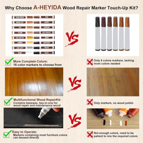 A-HEYIDA 22PCS Wood Furniture Repair Markers - 16 Colors Furniture Touch Up Pen with Beeswax Wood Putty Filler, Wooden Stain Marker Covers Scratches, Scuffs, Cabinets, Tables, Floors