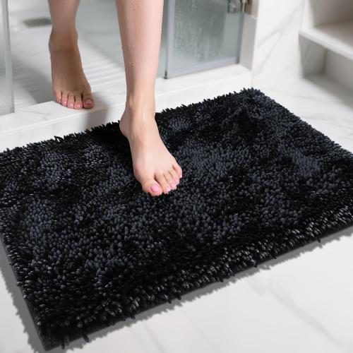 Yimobra Chenille Bathroom Rugs Non Slip, Extra Thick Soft Absorbent Bath Rug 31.5x20 Inch, Machine Washable Quick Dry Bath Mat for Bathroom Floor, Tub and Shower, Home Decor Accessories, Black