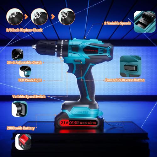Cordless Drill with 2 Batteries and Charger, 21V Electric Drill Cordless, Portable Power drill Set, 3/8 Keyless Chuck, 2 Variable Speed, 25  3 Clutch, 398 In-lb Max Torque