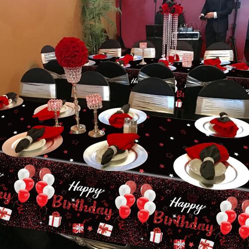 2 Pack Black Red Happy Birthday Tablecloths, 51x87'' Plastic Disposable Rectangle Birthday Party Table Covers for Women Girls Birthday Party Decorations Supplies