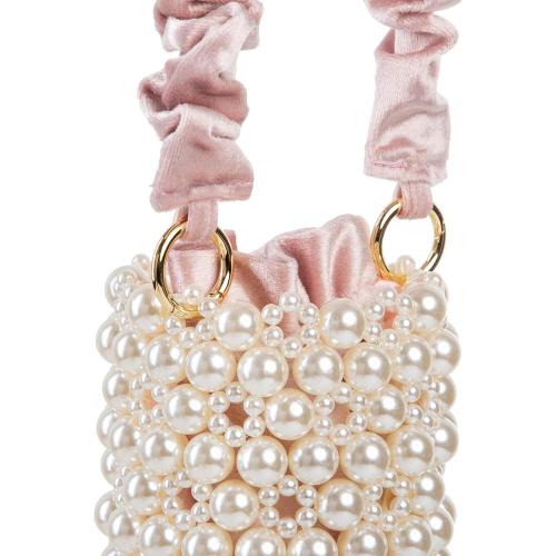 YUSHINY Women Faux Pearl Beaded Evening Pleuche Bucket Handle Bags with Velvet Lining for Wedding Party