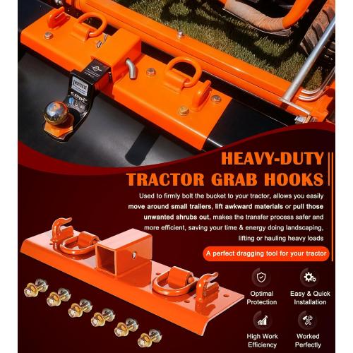 Bonbo Tractor Grab Hooks Compatible with Kubota Tractors - Bolted on Compact Tractor Bucket Grab Hooks with D Rings and 2 Receiver, Orange