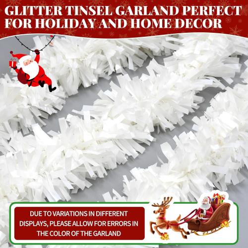 66 Ft Christmas Tinsel Garland Thick Tinsel Garland Xmas Tree Decorations Metallic Tinsel Twist Garland for Christmas, Birthday, Party Decor Indoor Outdoor Party Supplies (White)