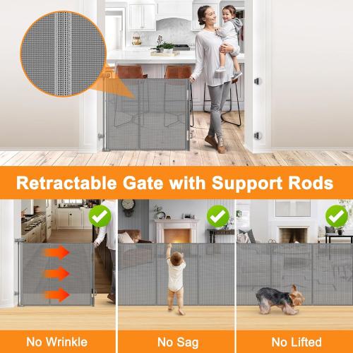 Size 55 Color Grey Reinforced No Drill Retractable Baby Gates for Dogs No Drilling Mesh Dog Gate with Support Rod to Prevent Crawling Underneath, 55 Wide Retractable Dog Gate for Stairs No Drilling Retractable Pet Gate