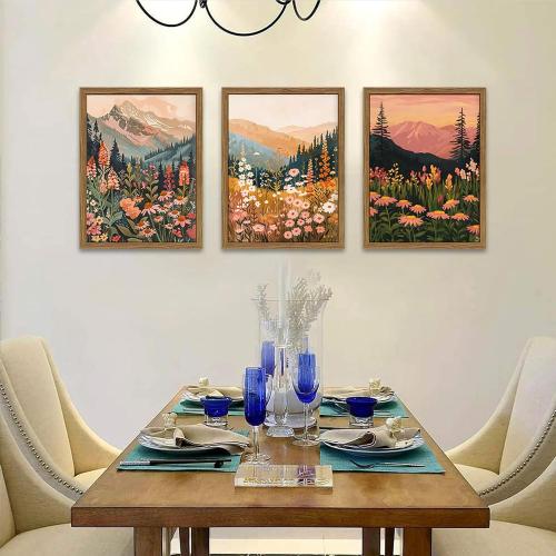 Boho Colorful Landscape wall art Wildflower Mountain Wall Decor Vintage Floral Forest Paintings Rustic Nature Pictures Canvas Prints for Living Room Bedroom Dining Room 16x24 Inch Wood Framed