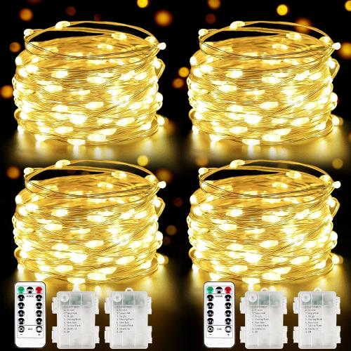 4 Pack 100 LED Fairy Lights Battery Operated with Remote, 33FT Waterproof Twinkle Lights with Timer & 8 Modes, Fairy String Light Outdoor Indoor for Bedroom Classroom DIY Christmas Decor (Warm White)
