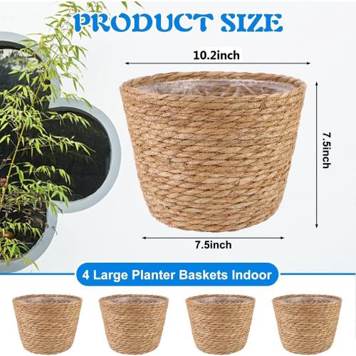 4 Pcs Large Premium Seagrass Planter Basket with Plastic Lining Natural Stylish Planter Baskets Indoor Outdoor Plants Woven Wicker Baskets for Plants Flower Pots Cover and Room Decor(10.2x7.5x7.5)