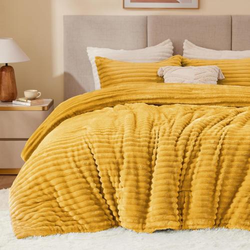BEDELITE Fleece Queen Comforter Set -Super Soft & Warm Fluffy Mustard Yellow Bedding, Luxury Fuzzy Heavy Bed Set for Winter with 2 Pillow Cases