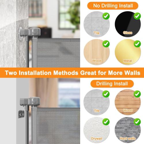 Size 55 Color Grey Reinforced No Drill Retractable Baby Gates for Dogs No Drilling Mesh Dog Gate with Support Rod to Prevent Crawling Underneath, 55 Wide Retractable Dog Gate for Stairs No Drilling Retractable Pet Gate