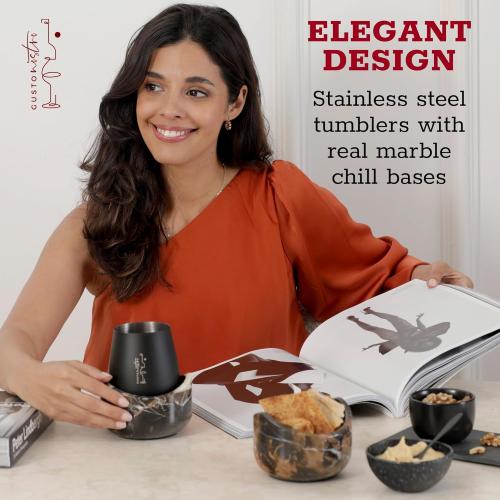 Gusto Nostro Marble Wine Chiller for Glass and Stainless Steel Tumbler Set of 2 - Wine Glass Chiller Holder for Freezer - Cool Set of Two Chillers & Stemless Wine Metal Tumblers for Home, Bar (Black)