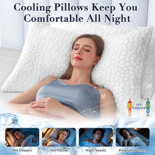 Yettbea Adjustable Shredded Memory Foam Pillows Queen Size Set of 2, Luxury Bamboo Cooling Pillow w/Washable Zippered Cover, Soft or Firm Support Bed Pillow for Side, Back, Stomach Sleeper