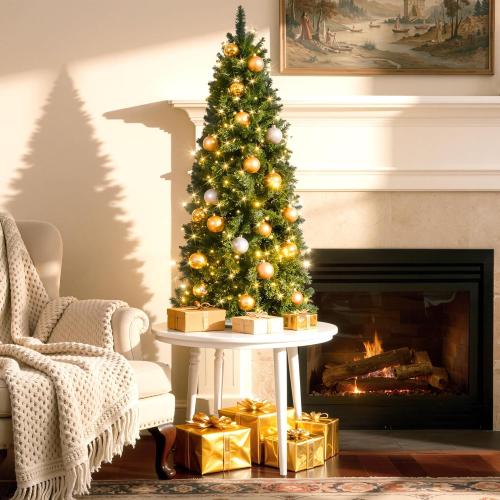 HOLLO STAR 4.5 ft Prelit Christmas Tree with 148 LED Lights, App Control, Artificial Pencil Christmas Tree with Multi-Color RGBW Lights, 330 Branch Tips, Skinny Xmas Tree, Metal Base, for Home, Party