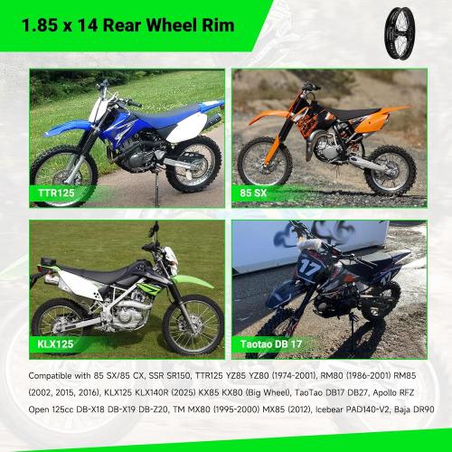 Size 1.85x14 Rear Wheel Rim and 12mm Bearings Strip Kit fit 90/100-14 3.00-14 14 Inch Dirt Pit Bike Tire KLX125 KX85 TTR125 YZ80 RM80 Taotao DB17 SR150 DR90 Apollo 125 Motorcycle Parts (15mm Axle)