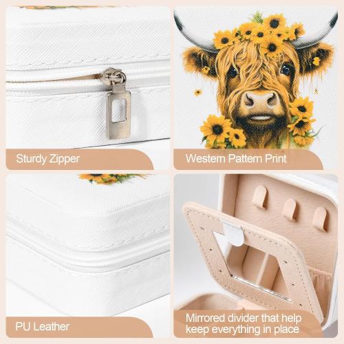 CEELGON Western Jewelry Box Case Gift Highland Cow Print Travel Jewelry Organizer Christmas Gifts for Teen Girls Cowgirl Stuff Small Portable Travel Accessories for Women (Sunflowers Highland Cow)