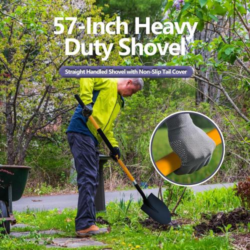 FORCOLID Shovel for Digging, Heavy Duty 57 inch Straight Handled Round Shovel with Non-Slip Tail Cover, Lawn and Yard Tools, Fiberglass Handle(Orange)