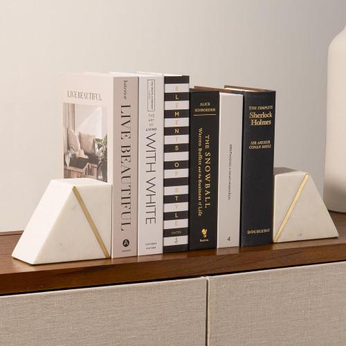 2 Pack White Marble and Gold Cork & Mill Marble Book Ends for Shelves, Decorative Bookends for Heavy Books, Unique Mid Century Modern White and Gold Bookends with Brass Inlay, Heavy Duty Bookshelf Stopper, Set of 2